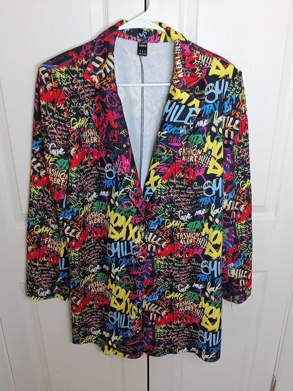 SHEIN Black Graffiti Print‎ Top with Pink Yellow Blue Accents